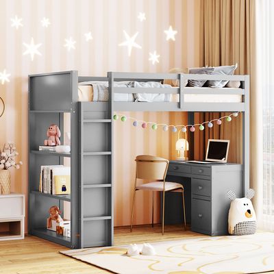Ball & Cast Loft Bed Twin Size,Bedframe with Ladder and 3 Shelves,4 Drawers,Multi-Function Solid Pine Wood Frame w/Guardrails,No Box Spring Required,Wooden Slat Support,for Apartment,Bedroom,Gray