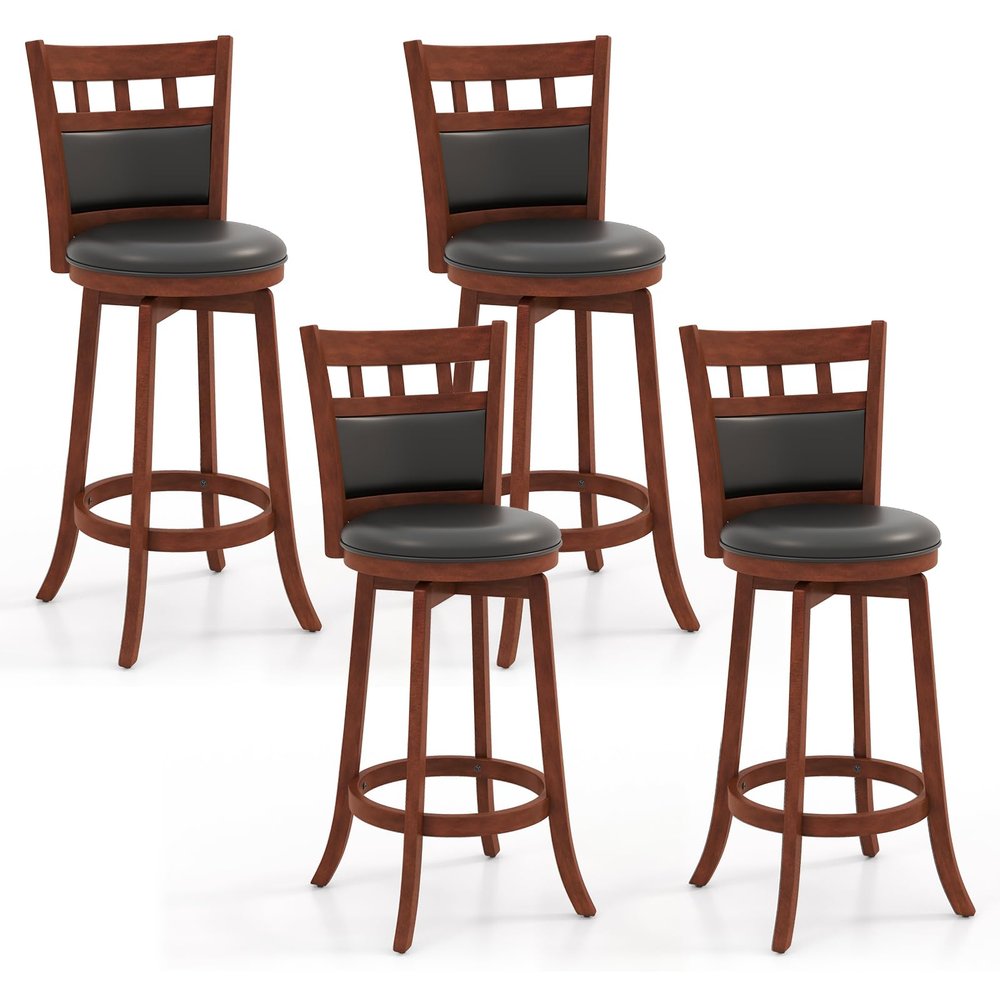 Giantex Wood Bar Stools Set of 4, 31" Swivel Bar Height Barstools w/Back, Rubber Wood Frame, Padded Seat, Footrest, PVC Leather, Wooden Counter Bar Chairs for Kitchen Island, Restaurant, Espresso