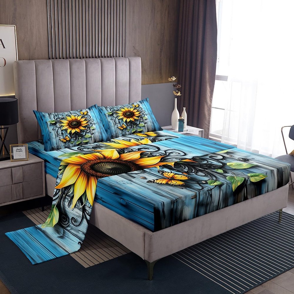 Manfei Sunflowers Kids Sheet Queen Size,Geometric Wooden Plank Rustic Bedding Set,Boys Girls Room Decor,Butterfly Botanical Plants Blue Yellow Bed Sheet Set 4pcs(Fitted + Flat + 2 Pillowcases)