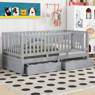 Bellemave Twin Bed Frame with Rails and Storage Drawers, Can Be Divided into A Twin Size Floor Bed with Fence & A Daybed with 2 Drawers, Wood Montessori Beds with Kids Boys Girls Teens (Grey, Twin)