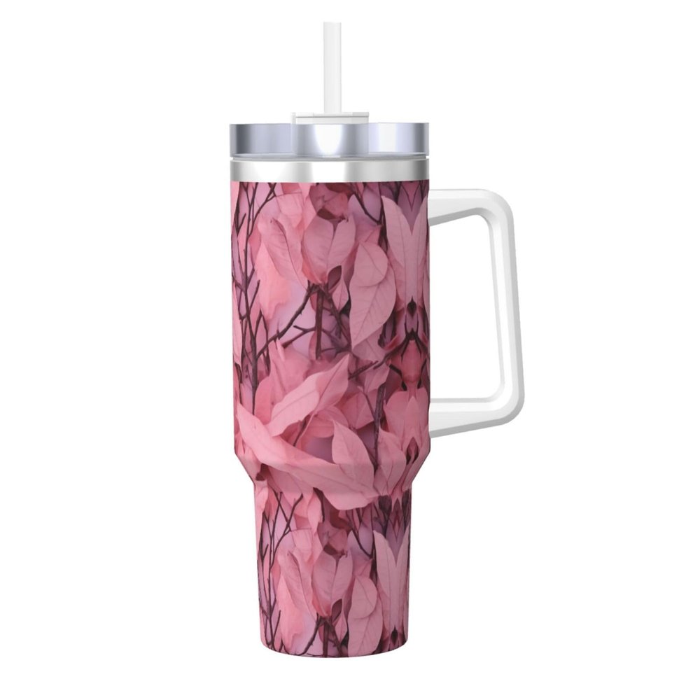 AMAZWI Pink-Leaves Camo Stainless Steel Hot/Cold Coffee Cup 40oz Ice Bully Cup With Handle And Straw Travel Coffee Cup