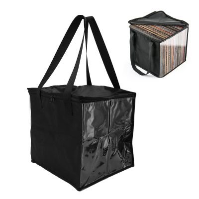 Asixxsix Record Storage Bag, Holds Up to 50pcs 12 Inch Records, Oxford Fabric Metal Zip Organizer Bag, Clear Album Carrying Case for Records