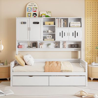 Twin Size Wooden Daybed With 2 Drawers, and All-in-One Cabinet and Shelf, Daybed with Storage for Kids Girls Boys, Daybed Frame with Storage Shelf for Bedroom, Living Room, Guest Room (White, Twin)