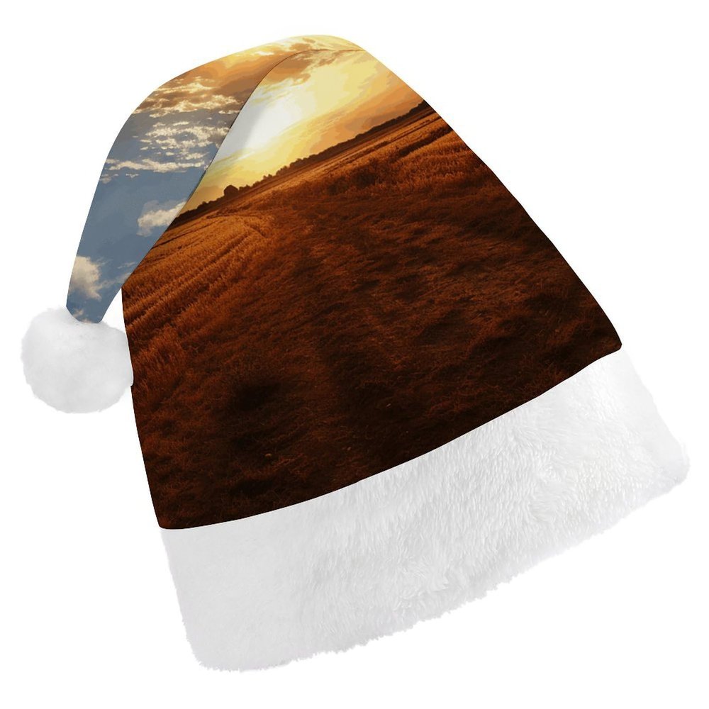 DMHVGEW Christmas Hats Field Sunrise Printed Christmas Hat for Adults Santa Hats for Adults Men Women Funny Xmas Hat New Year Festive Party Christmas Supplies