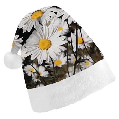 DMHVGEW Christmas Hats White Daisy Printed Christmas Hat for Adults Santa Hats for Adults Men Women Funny Xmas Hat New Year Festive Party Christmas Supplies