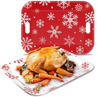 2Pcs Winter Serving Trays 16.1 x 11.1 Inch Large Melamine Christmas Trays Platters with Handles Rectangular Snowflake Melamine Dish for Serving Food Outdoor Dinner Dessert Plates Party Decorations