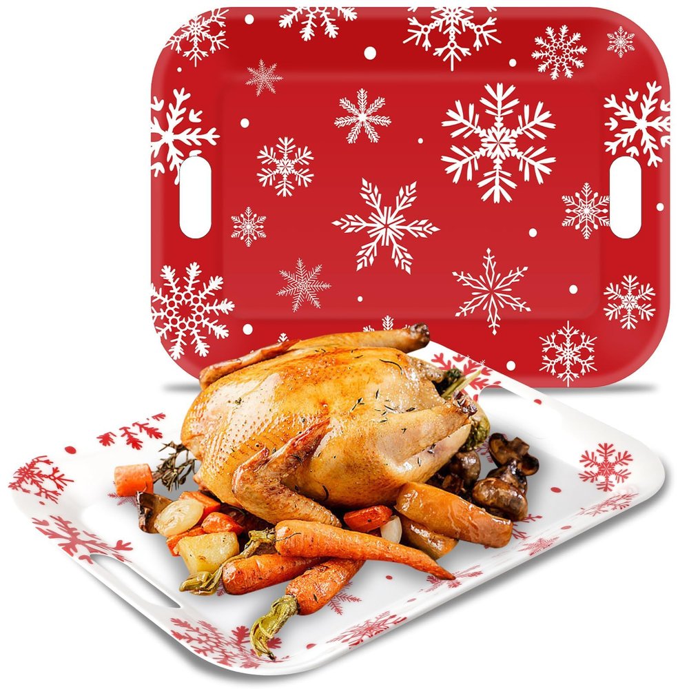 2Pcs Winter Serving Trays 16.1 x 11.1 Inch Large Melamine Christmas Trays Platters with Handles Rectangular Snowflake Melamine Dish for Serving Food Outdoor Dinner Dessert Plates Party Decorations