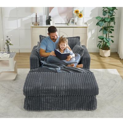 JURMALYN 47.7" Oversized Chaise Longue Chair, Corduroy Single Sofa Couch with Ottoman Comfy Reclining Chair Sofa Upholstered Recliner for Small Spaces Living Room Apartment Bedroom Dark Grey