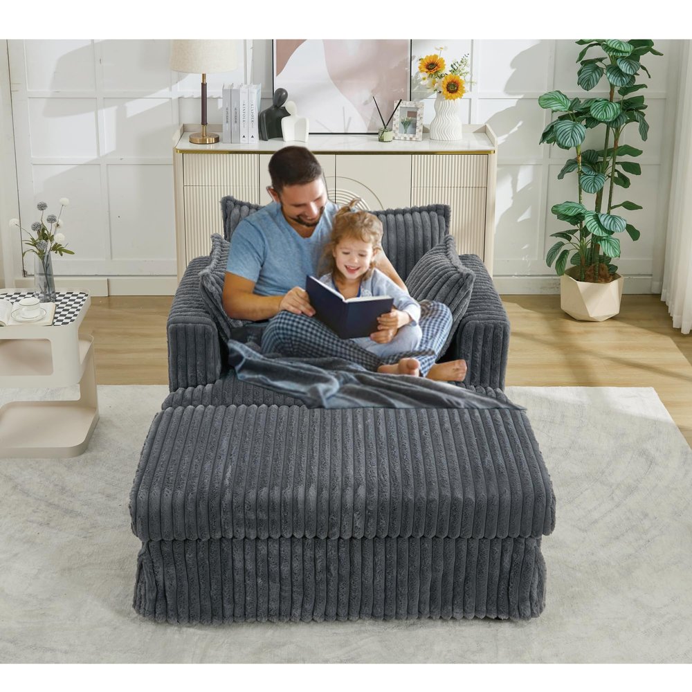 JURMALYN 47.7" Oversized Chaise Longue Chair, Corduroy Single Sofa Couch with Ottoman Comfy Reclining Chair Sofa Upholstered Recliner for Small Spaces Living Room Apartment Bedroom Dark Grey