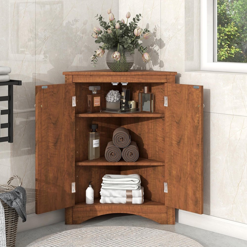 Corner Storage Cabinet with Two Doors and Adjustable Shelf, Freestanding Floor Space Saver for Bathroom, Living Room or Kitchen, Brown