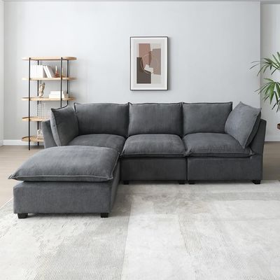 99.3" Modular Sectional Sofa Couch for Living Room, Modern 5-Seat Linen Fabric Sofa Couch Set with Convertible Ottoman,L-Shape Sofa Freely Combinable Sofa for Home Apartment Office, 2 Pillows, Grey