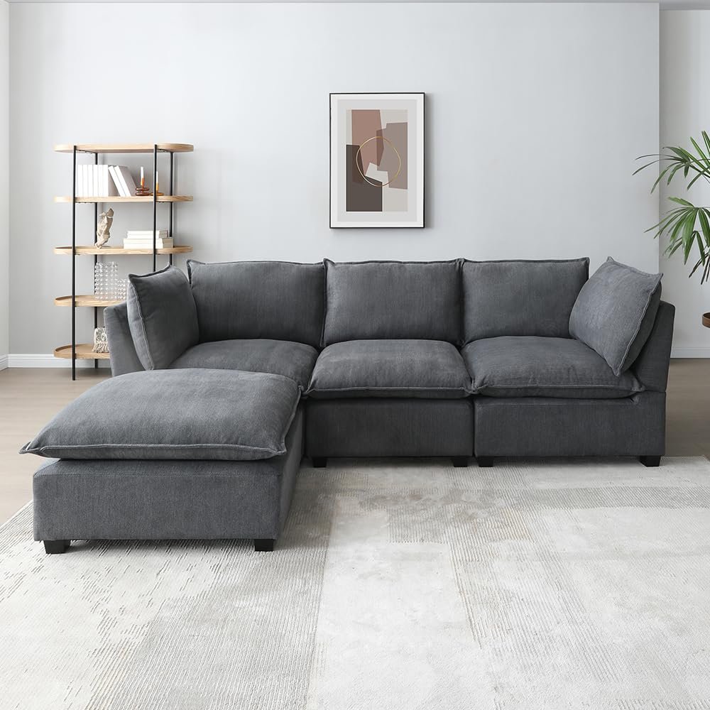 99.3" Modular Sectional Sofa Couch for Living Room, Modern 5-Seat Linen Fabric Sofa Couch Set with Convertible Ottoman,L-Shape Sofa Freely Combinable Sofa for Home Apartment Office, 2 Pillows, Grey