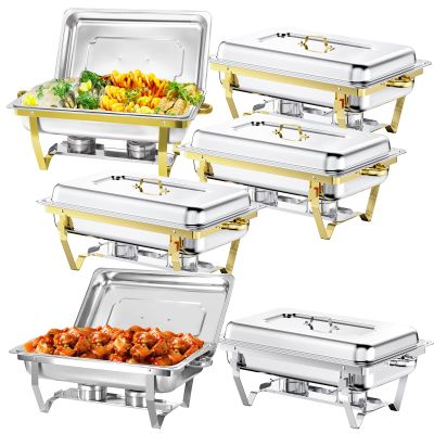 9QT Chafing Dish High Grade Stainless Steel Complete Set Chafer Buffet Servers and Warmers Set with Folding Frame for Weddings Parties Banquets Catering Events (6 PACK (2 Silver+4 Gold))