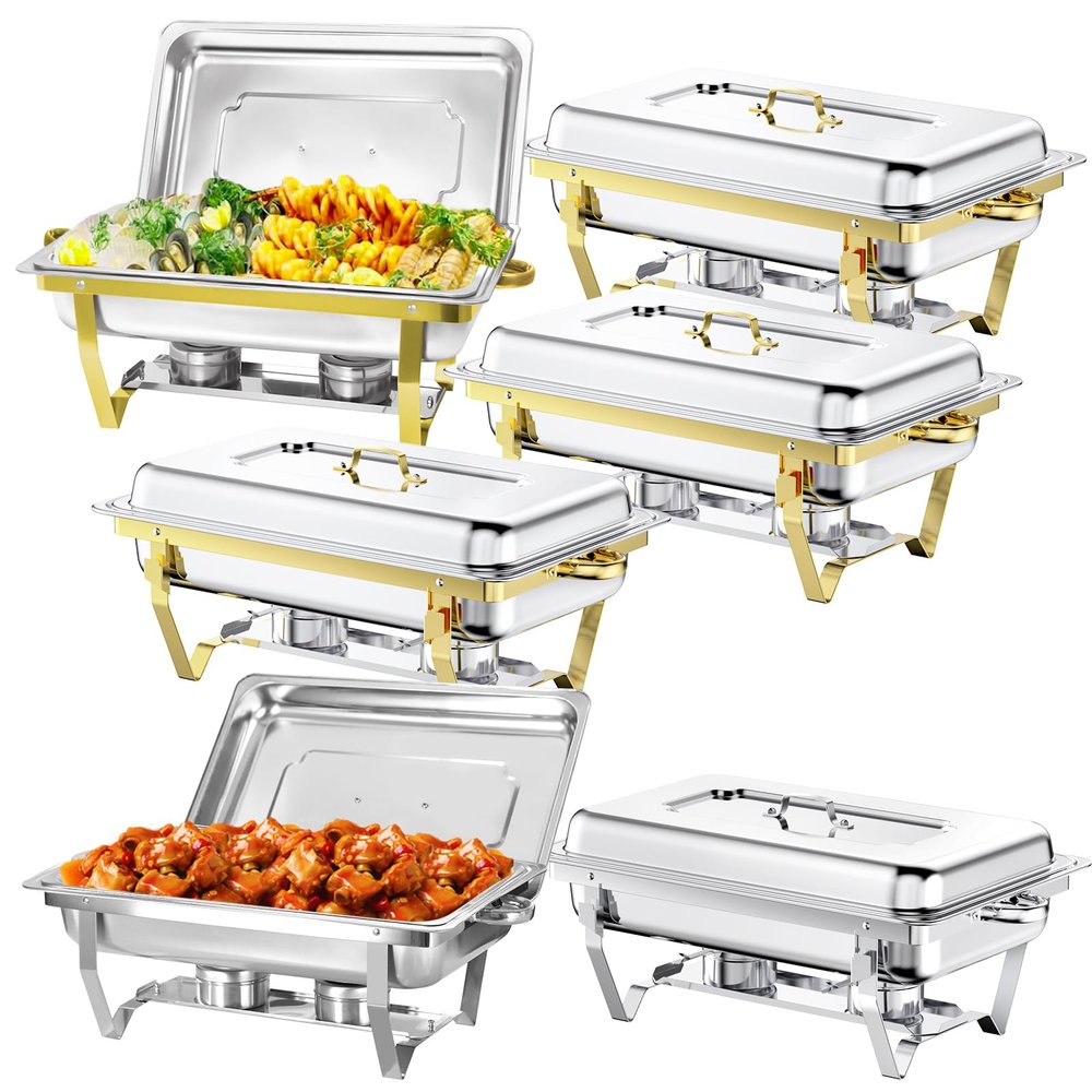 9QT Chafing Dish High Grade Stainless Steel Complete Set Chafer Buffet Servers and Warmers Set with Folding Frame for Weddings Parties Banquets Catering Events (6 PACK (2 Silver+4 Gold))