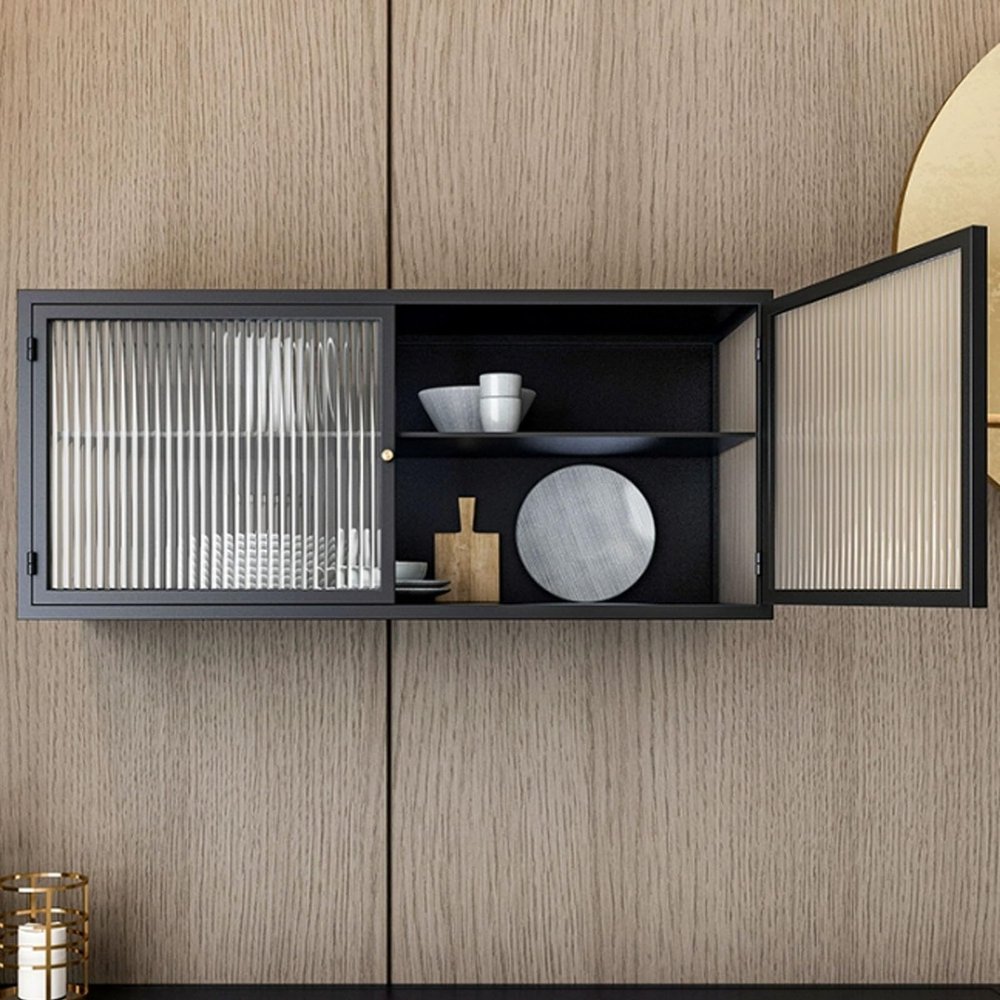 Metal wall cabinet with glass doors Wall-mounted cabinet wall cabinet modern simple home living room simple storage cabinet kitchen hanging cabinet glass cabinet(60*25*35cm/23.6*9.8*13.8in)
