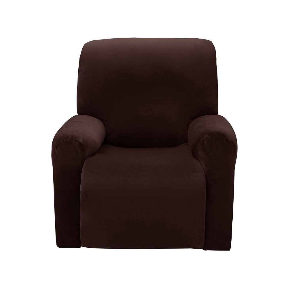 FUNEAER Velvet Recliner Slipcover, 4-Piece Stretch 1 Seater Recliner Chair Cover Soft Non-Slip Reclining Cover ?Armchair Couch Cover Furniture Protector(Dark Brown)
