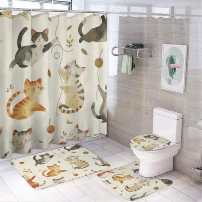 TOWINSFB 4Pcs Cartoon Rustic Kitten Shower Curtain Sets Bathroom Decor, Lovely Cat Playing Yarn Ball Shower Curtain with Non Slip Rug, Toilet Lid Cover, Bath Mat and 12 Hooks 72W x 72L
