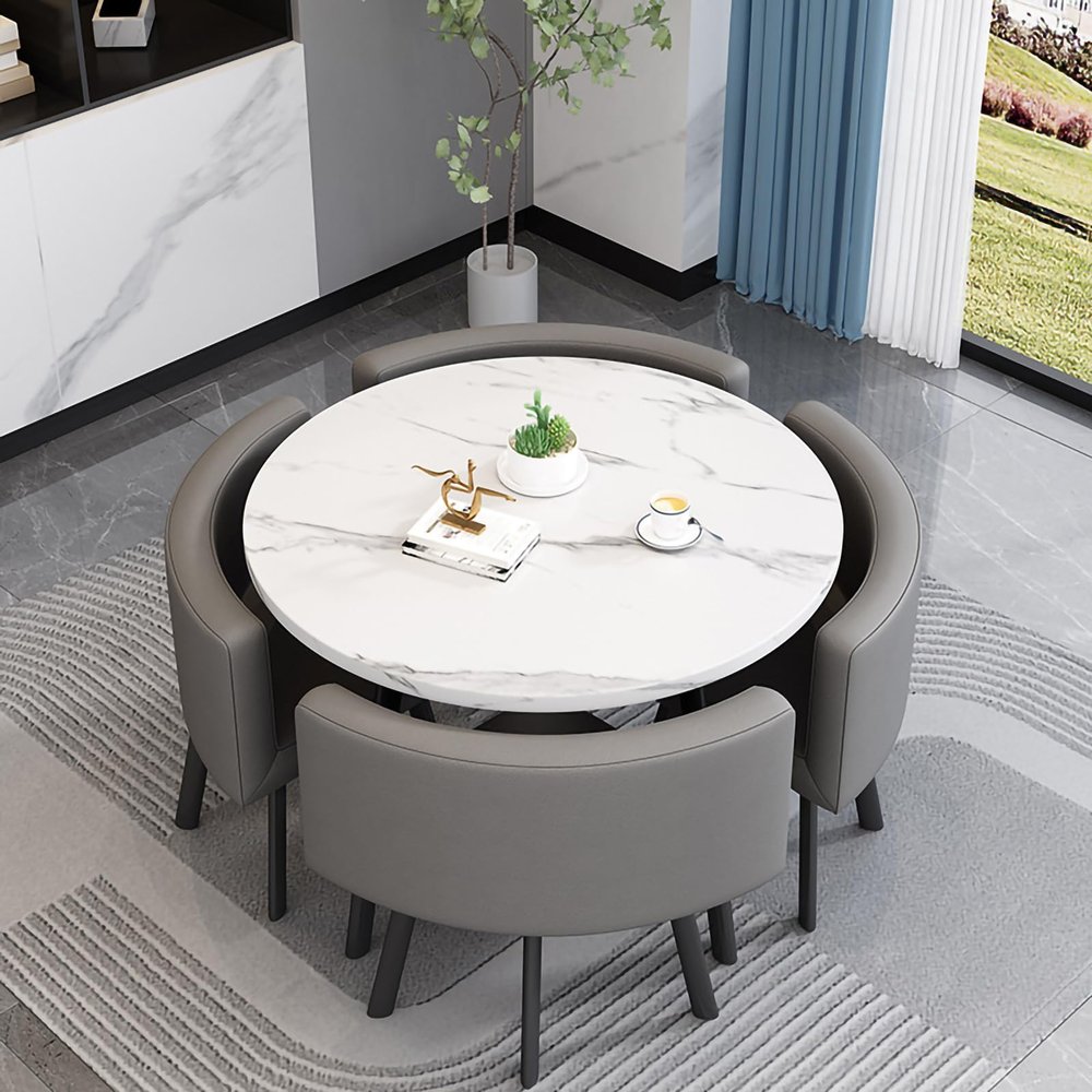 YKLYTBD 5-Piece Modern Dining Table Set for 4, Round Kitchen Table and Chairs with Upholstered Chairs & Metal Frame, Space-Saving Dining Furniture Set for Living Room, Kitchen