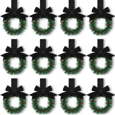 Retrowavy 12 Pcs Christmas Kitchen Cabinet Wreaths with Ribbon 3.94 Inch Mini Christmas Wreath Small Kitchen Xmas Decor for Window Door(Black,Classic Style)