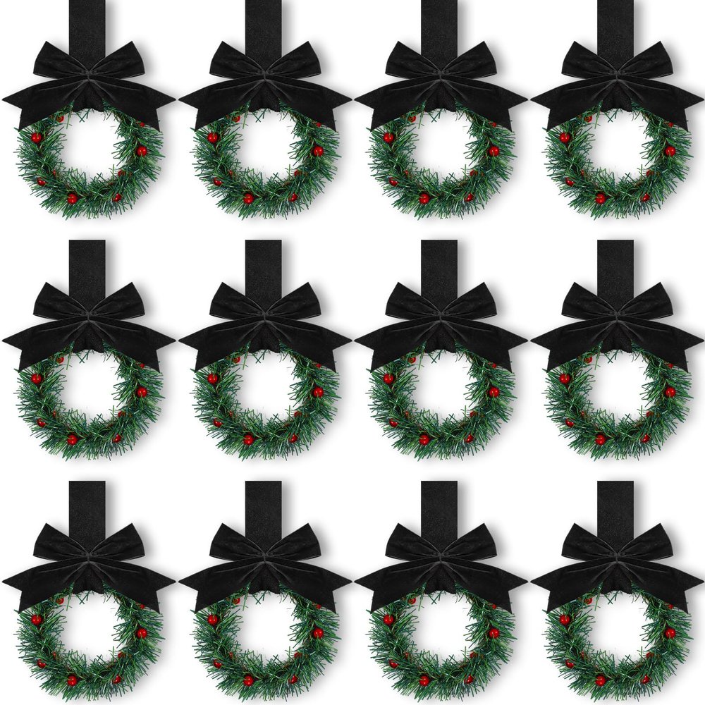 Retrowavy 12 Pcs Christmas Kitchen Cabinet Wreaths with Ribbon 3.94 Inch Mini Christmas Wreath Small Kitchen Xmas Decor for Window Door(Black,Classic Style)