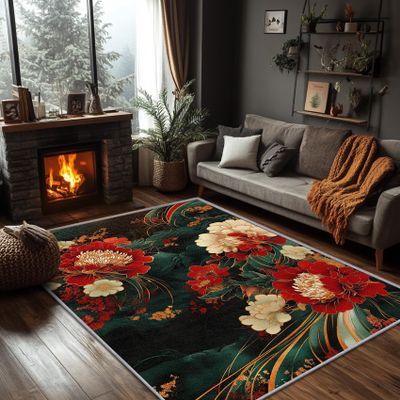 SherAvant Japanese Rug 5x7-8x10 Rug - Peony Rug - Floral Elegant Area Rug - Traditional Botanical Rugs - Oil Painting Carpet - Peony Home Decor