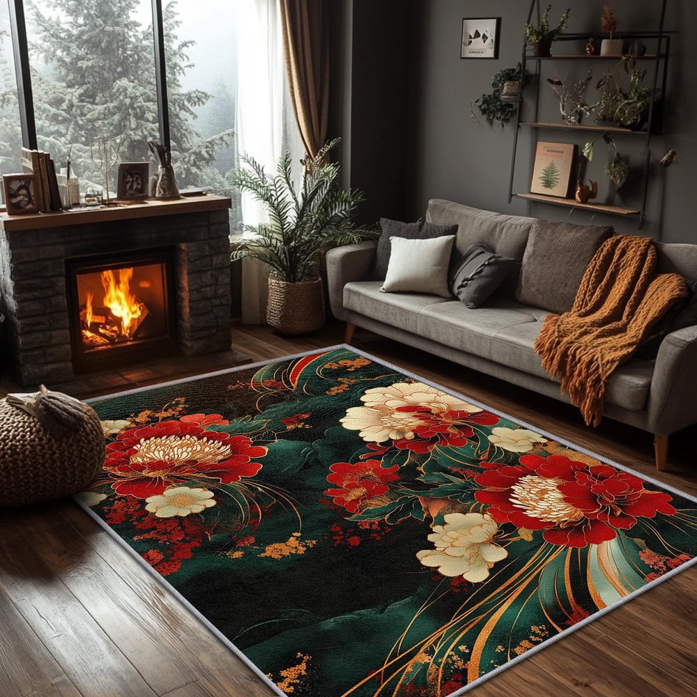 SherAvant Japanese Rug 5x7-8x10 Rug - Peony Rug - Floral Elegant Area Rug - Traditional Botanical Rugs - Oil Painting Carpet - Peony Home Decor