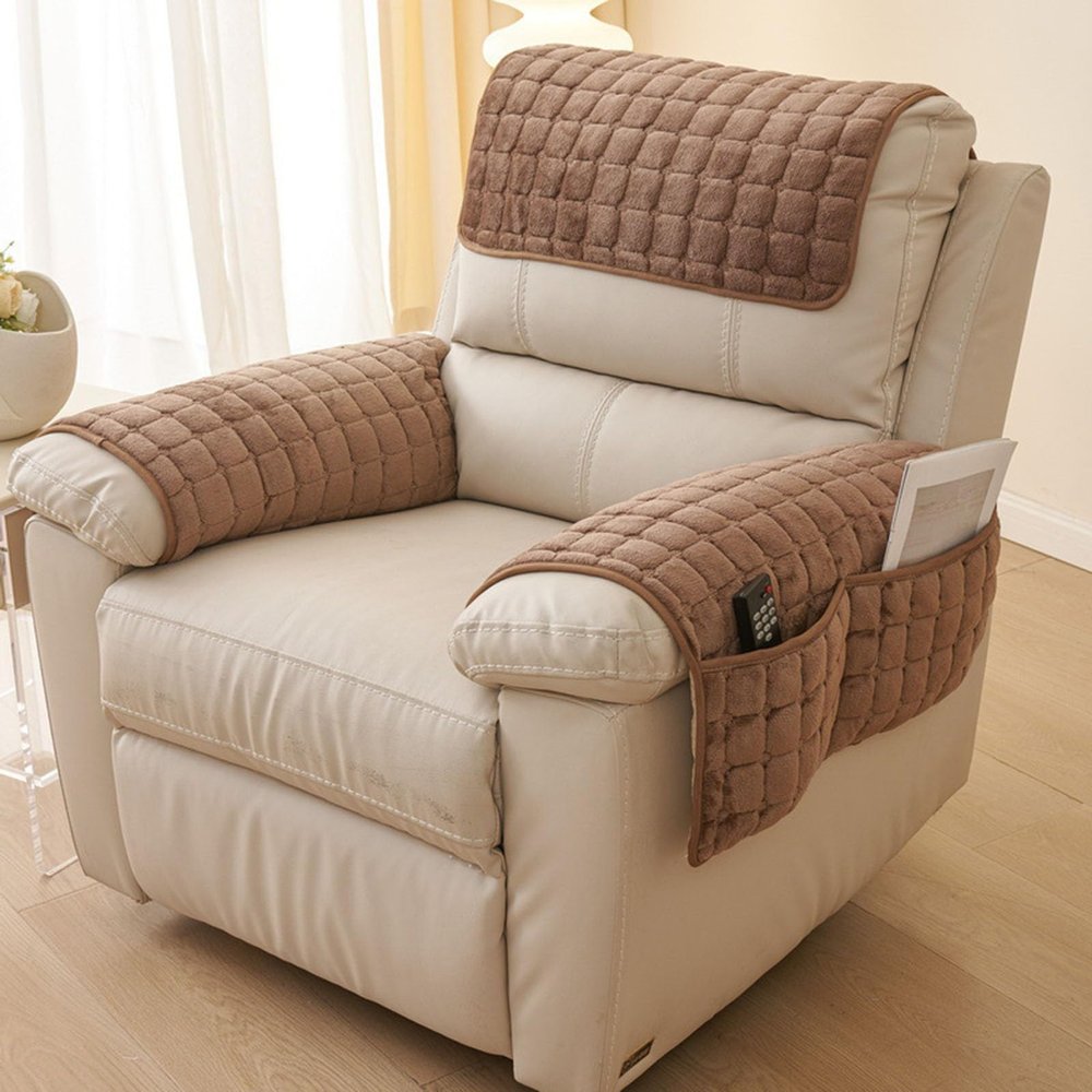 3 Pieces Sofa Armrest Cover, Armrest Covers for Recliners Plush Non Slip Couch Arm Covers with Side Pocket Armrest Covers Headrest Cover(Coffee)