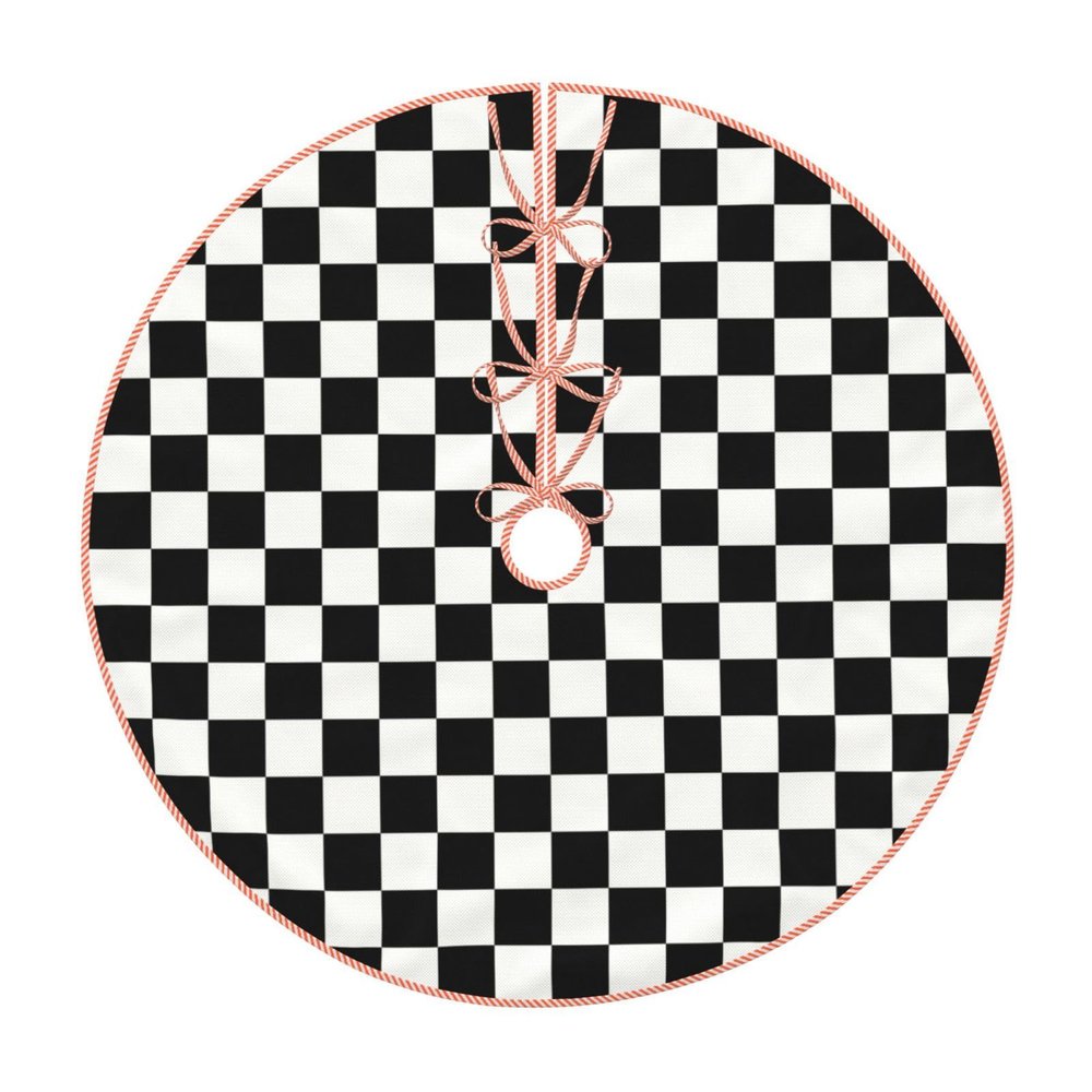 Black and White Checkered Stripes Print Christmas Tree Skirt Christmas Tree Mat for Xmas Holiday Party Decoration