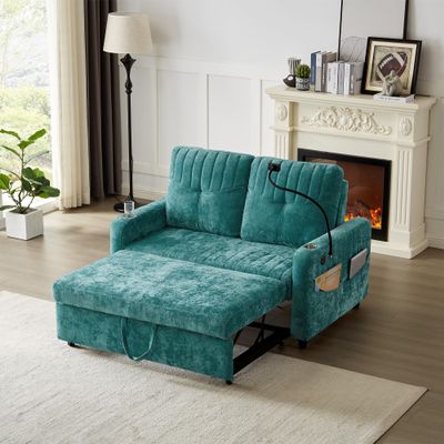 53.9" Modern Loveseat Pull Out Sofa Bed with Cup Holders and 360 Swivel Phone Holder, Convertible Sofa Bed Couch with Adjustable Backrest and Charging Ports for Living Room Office (Teal-10.12)