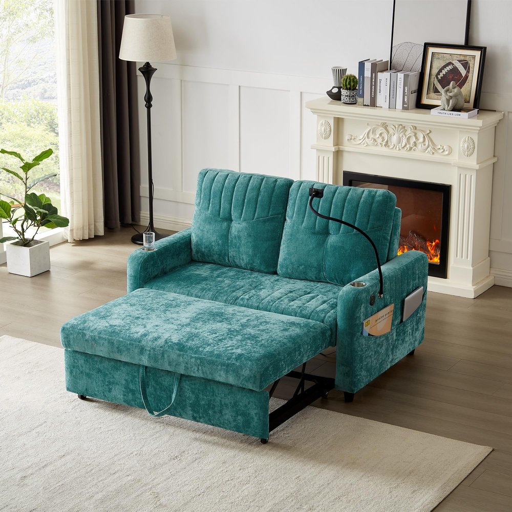 53.9" Modern Loveseat Pull Out Sofa Bed with Cup Holders and 360 Swivel Phone Holder, Convertible Sofa Bed Couch with Adjustable Backrest and Charging Ports for Living Room Office (Teal-10.12)