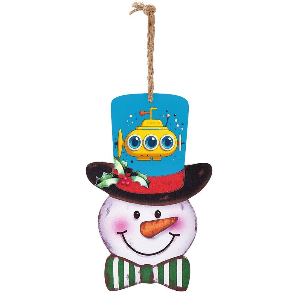 Christmas Snowman Wooden Sign, 13.8x8.7 Inch Yellow Submarine Printed Wooden Plaque with Rope 8.1 Inch, Christmas Party Decoration, Ideal Christmas Gift for Family And Friends