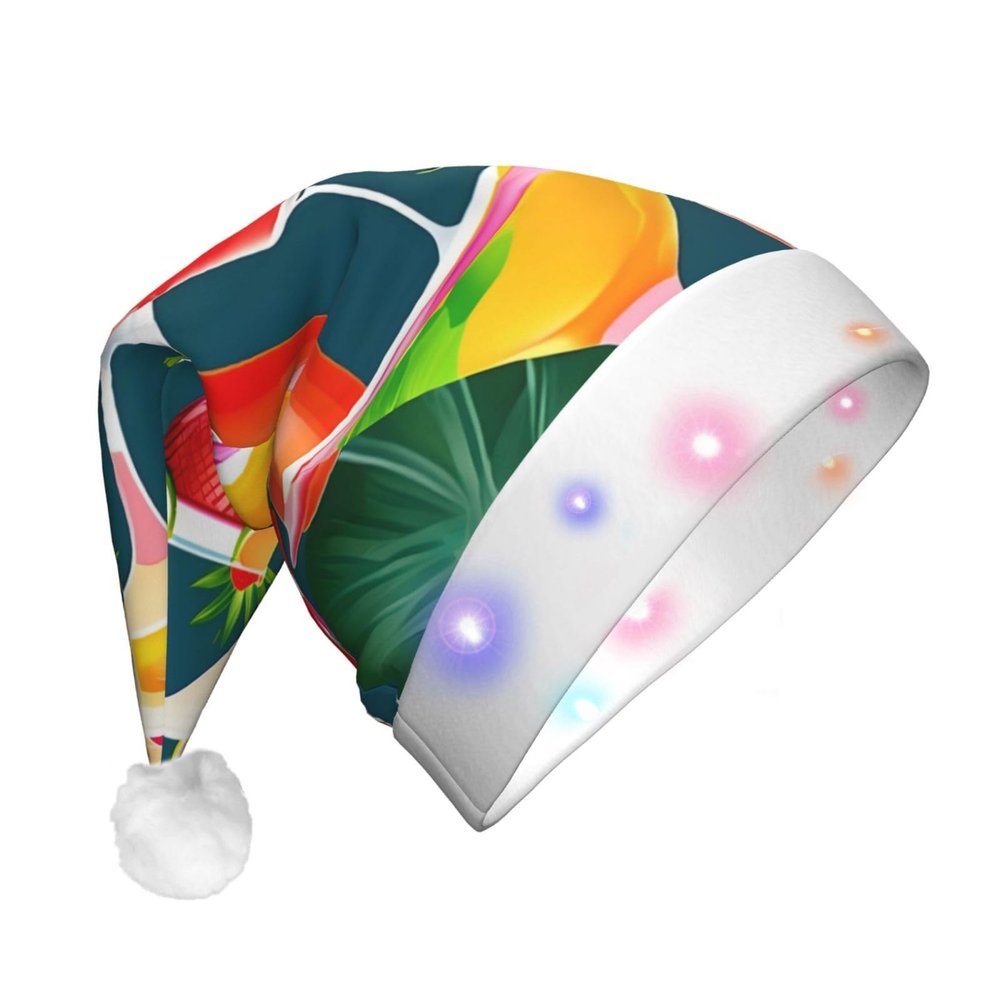 SamLng Tropical Cocktail LED Christmas Hat for Adults Classic Santa Colorful Xmas New Year Party Headwear. Plush Soft Comfort Cap
