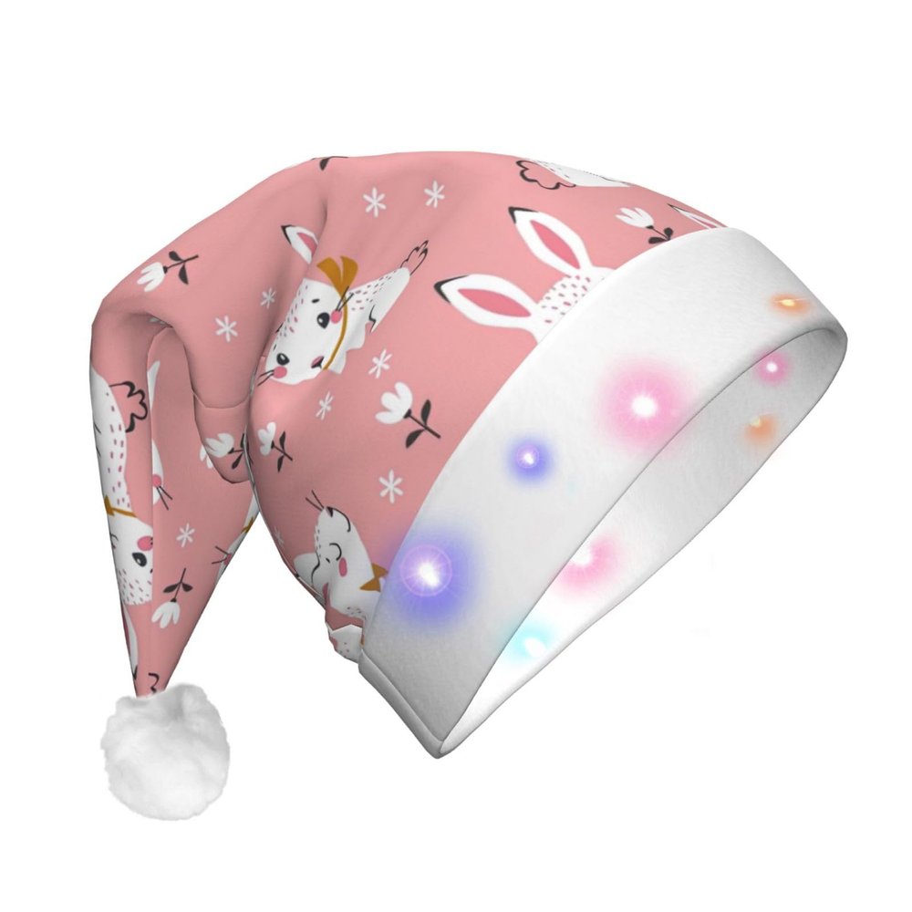 SamLng Cute White Rabbit LED Christmas Hat for Adults Classic Santa Colorful Xmas New Year Party Headwear. Plush Soft Comfort Cap