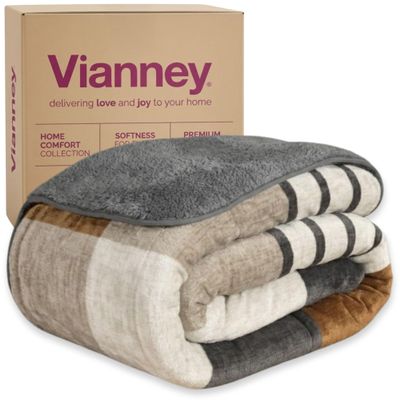 Vianney Tan Grey White Twin-Full Reversible Sherpa Throw Blanket Plush Cozy