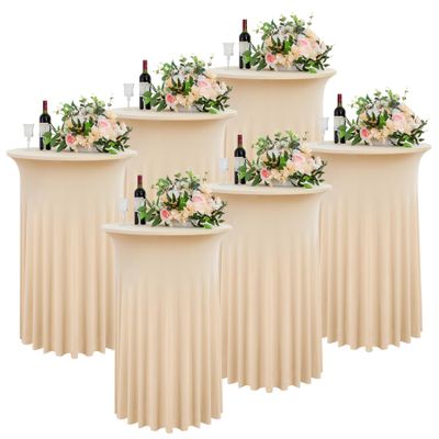 6 Pack Champagne High Top Cocktail Tablecloth 36x43 Inch Wrinkle-Free Stretch Spandex Table Covers With Ruffle Skirt for Party, Wedding, Banquet, Birthday, Bar