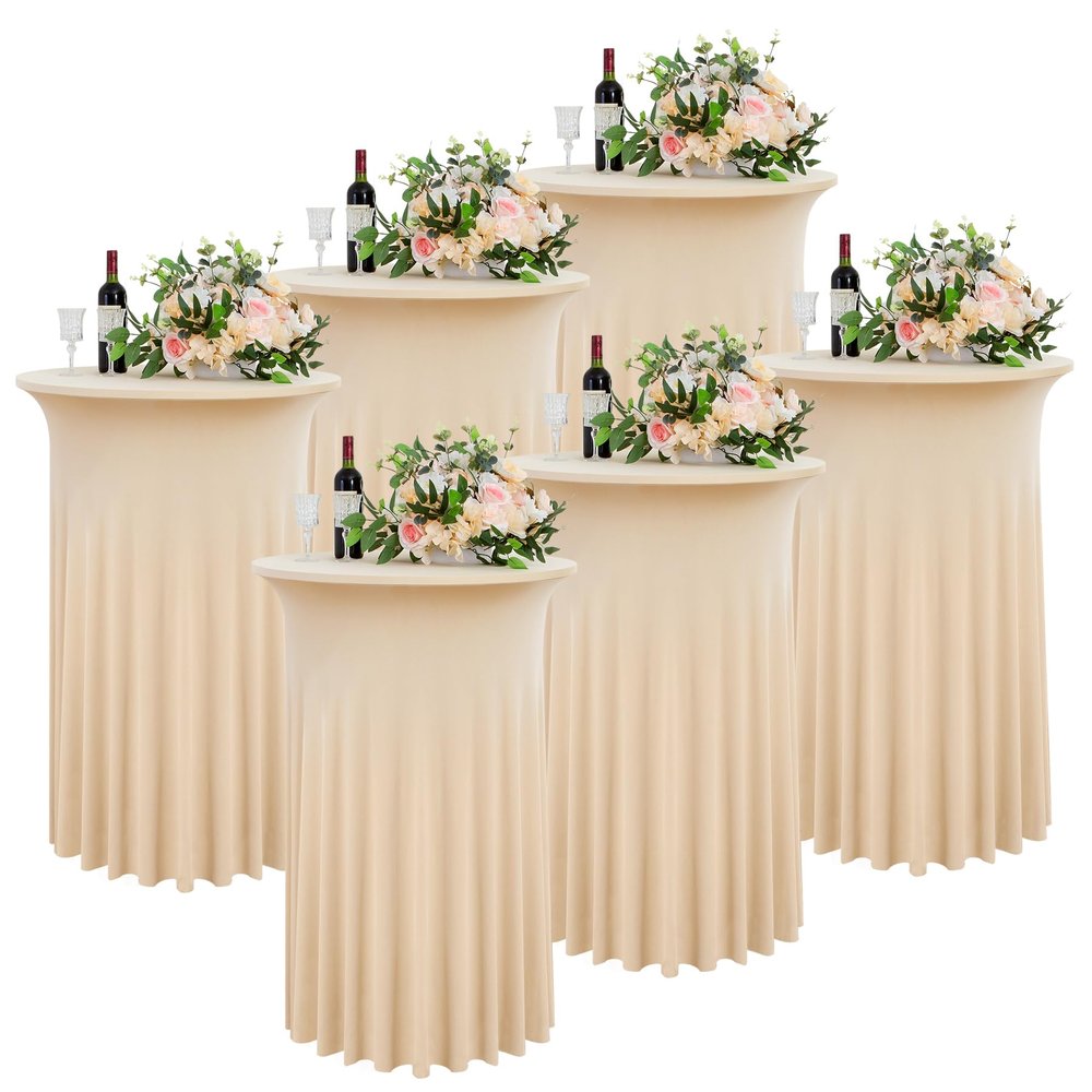 6 Pack Champagne High Top Cocktail Tablecloth 36x43 Inch Wrinkle-Free Stretch Spandex Table Covers With Ruffle Skirt for Party, Wedding, Banquet, Birthday, Bar