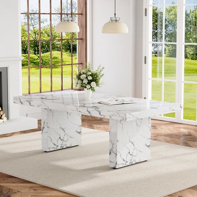 Ebullient 79'' Marble Dining Table for 6-10, 3.5'' Thick Marble-Patterned Tabletop with Stable MDF Base, White Dining Room Table with Modern Design, Suitable for Dining, Meeting, and Gathering