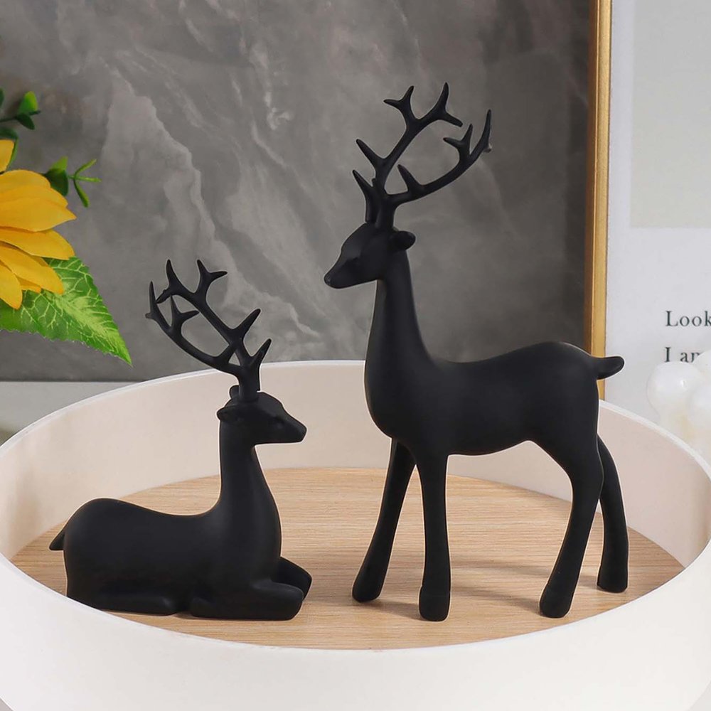 2 Pcs Christmas Reindeer Sculpture, Resin Deer Christmas Decoration, Gold Silver Black Resin Elk Statues for Home Decor, Ideal for Living Room, Bedroom, Office, Home Table Craft (Black)