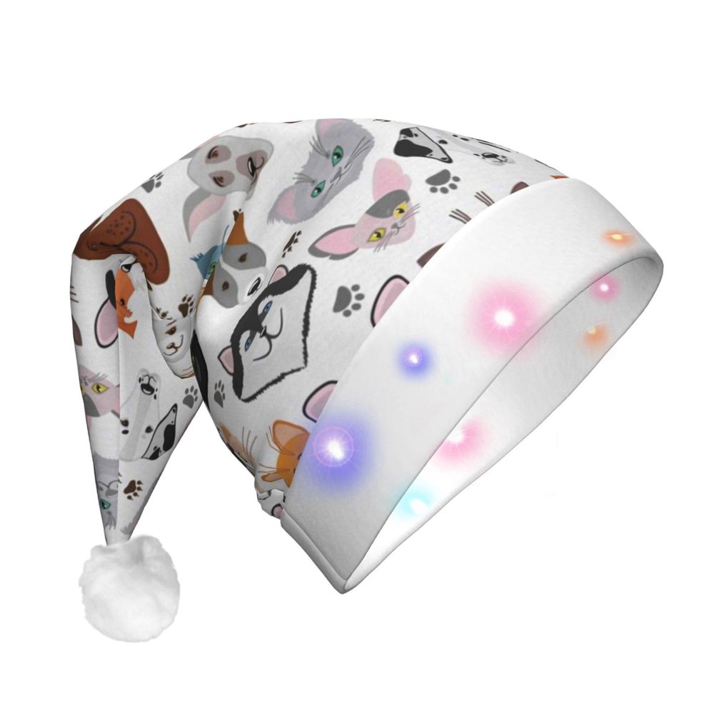 JBYJBX Cartoon Cat And Dog Print Led Christmas Hat For Adults Xmas Holiday Hat With Lights Christmas Accessories