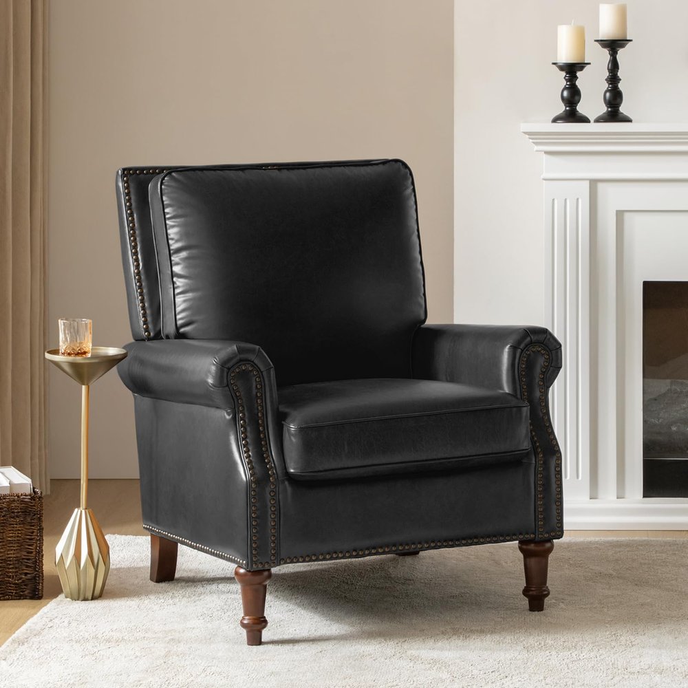 HULALA HOME Genuine Leather Accent Chair with Wooden Legs, Comfy Upholstered Armchair with Rolled Armrest and Nailhead Trim, Traditional Single Sofa Chair for Living Room Bedroom, Black