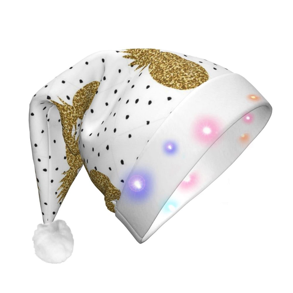 JBYJBX Gold Glitter Pineapples Fruit Print Led Christmas Hat For Adults Xmas Holiday Hat With Lights Christmas Accessories