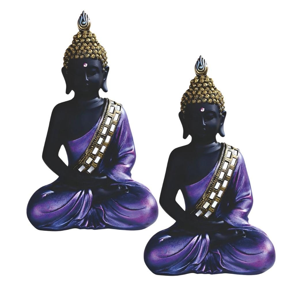ICE ARMOR 2-PC Gift Set 11.25" H Purple and Black Buddha in Meditation Figurine Statue Ornament Home Room Office Decor Ideas for Housewarming, Holidays and Birthdays