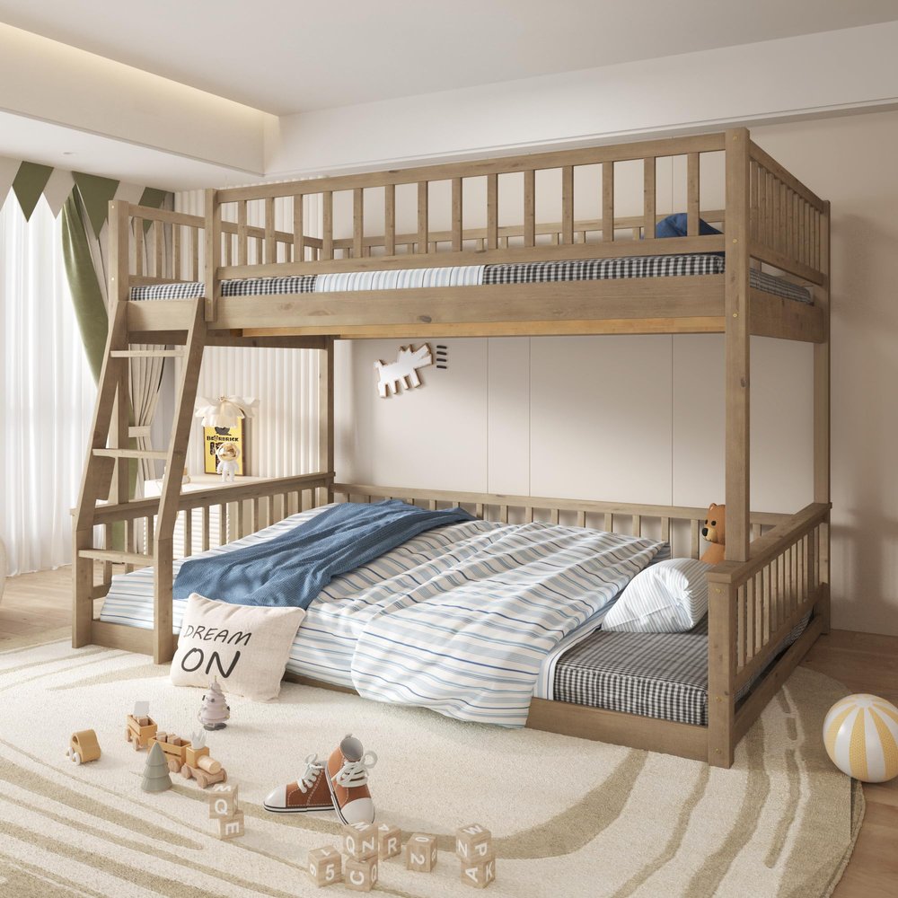 KLMM Modern Full XL Over Queen Bunk Bed with Ladder and Guardrails,Wood Bunk Bed for Kids Teens Adults Bedroom,Detachable Design