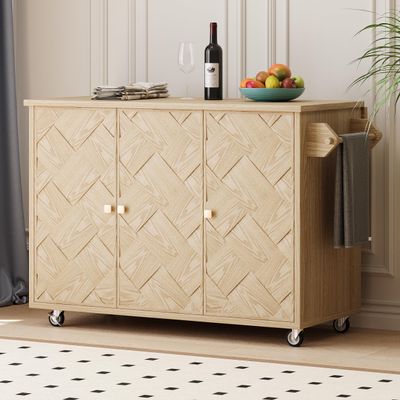 RUNNA 51.2" W Ash Veneer Solid Wood Handwoven Kitchen Island with Drop Leaf, Coastal Kitchen Island on Wheels with Internal Storage Rack, Rolling Kitchen Cart (Natural Wood#016)
