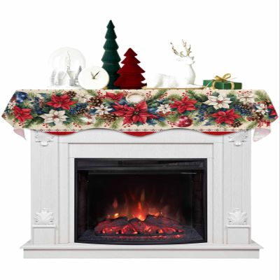 Christmas Fireplace Mantle Scarf, Poinsettia Snowflake Pine Needle Southwest Red Fireplace Scarf Cover Mantel Shelf Top Scarf Runner Mantel Cover Fireplace Decoration for Holiday Living Room 70"x17"