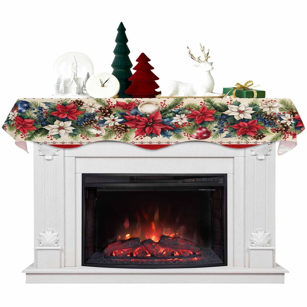 Christmas Fireplace Mantle Scarf, Poinsettia Snowflake Pine Needle Southwest Red Fireplace Scarf Cover Mantel Shelf Top Scarf Runner Mantel Cover Fireplace Decoration for Holiday Living Room 70"x17"