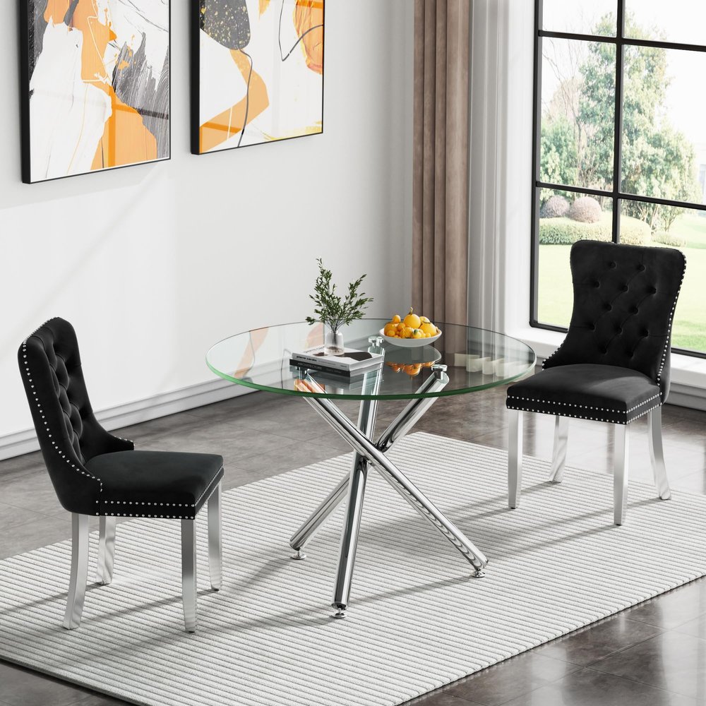 KUVADAZ 36" Luxury Silver Glass Dining Room Table Set for 2, 3-Piece Round Kitchen Dining Table Set with Cross Metal Legs and 2 Black Velvet Upholstered Chairs, Glass Kitchen Table and Chairs Set