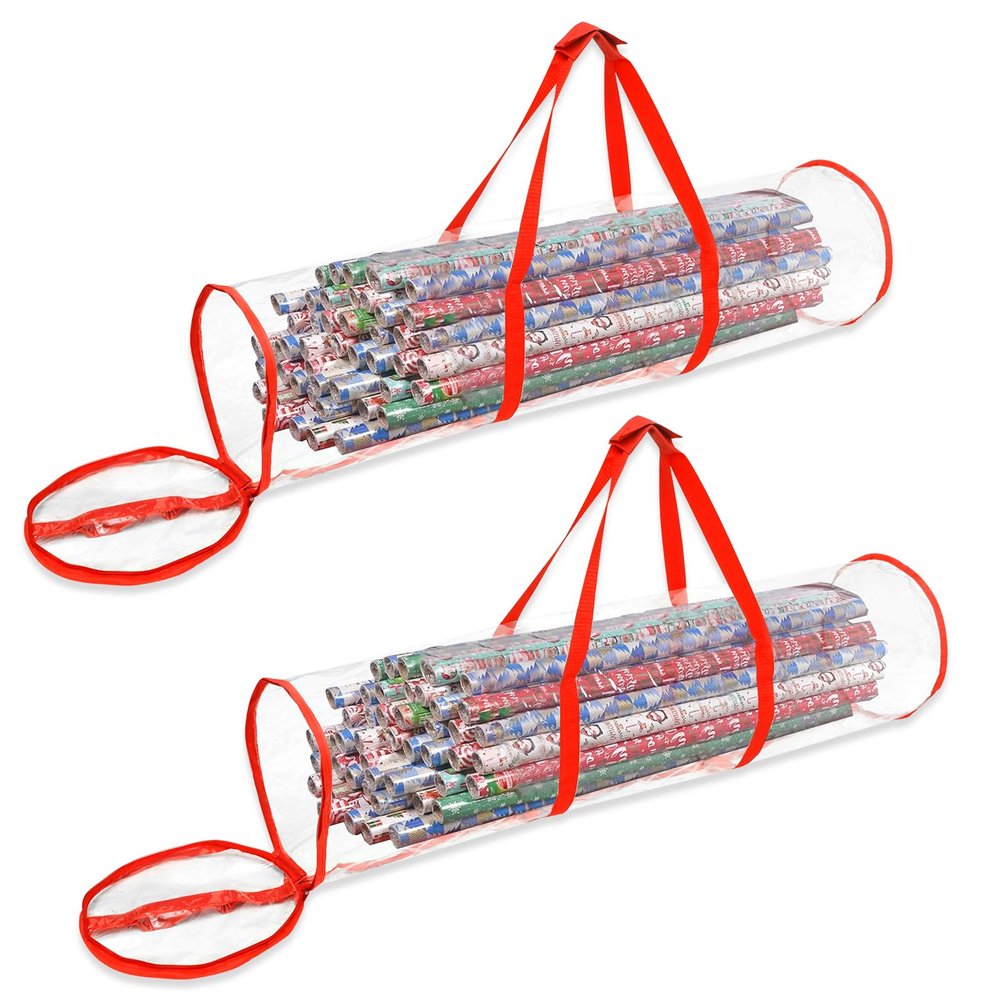2Pcs Clear Wrapping Paper Storage Bag PVC Transparent Wrapping Paper Organizer with Double Zipper and Handle Portable Wrap Storage Container for 14-24 Paper Roll.