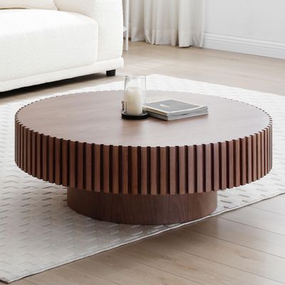 31.49" Walnut Round Coffee Table Wood, Modern Fluted Coffee Table for Living Room, Contemporary Low Circle Center Table Side Table for Small Space, Apartment, Farmhouse, Office, mesa de Cafe
