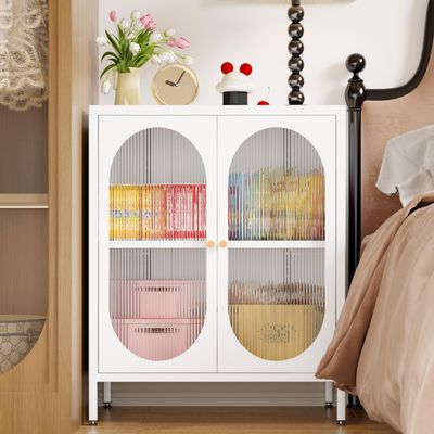 Fumedo Small 2 Transpanrent Door Metal Storage Side Buffet Cabinet for Room,Entryway,Hallway,Kitchen,1 Removable Shelf. (White, Transparent Door)